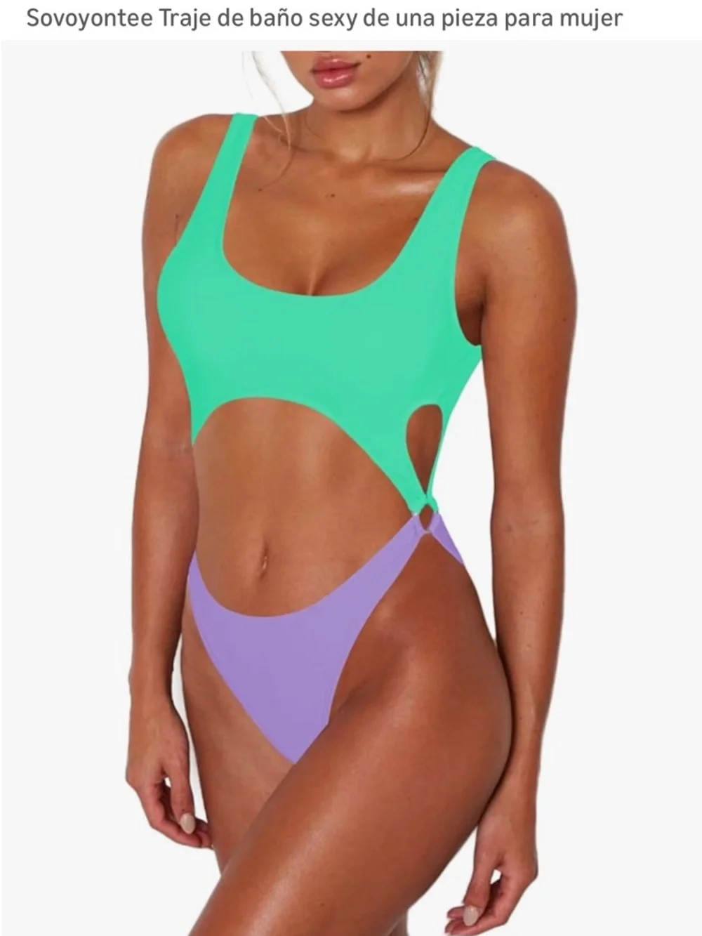 Cutout Two-Tone Scoop Neck One-Piece Swimsuit - Mint & Lavender